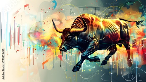 Powerful Bull Charging in Abstract Digital Artwork