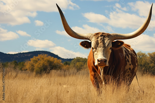 Texas Longhorn cattle grazing in a field with a mountain backdrop under a clear sky