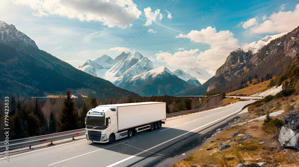 white cargo on road, beautiful landscape, mountain view mockup, transportation industry