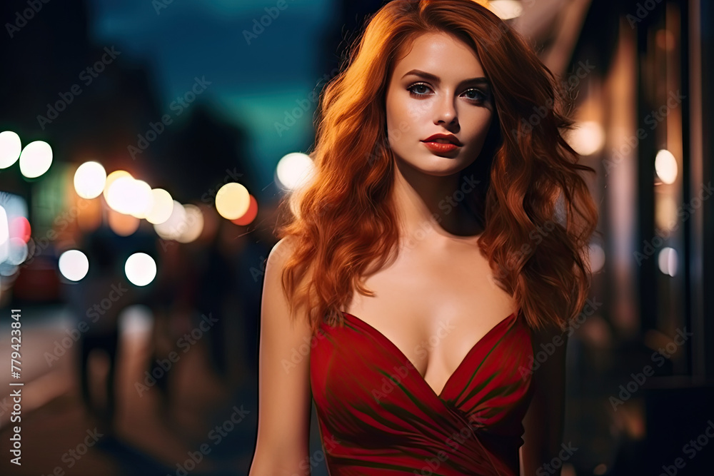 Red-Haired Woman in Elegant Dress Posing on a City Street at Night