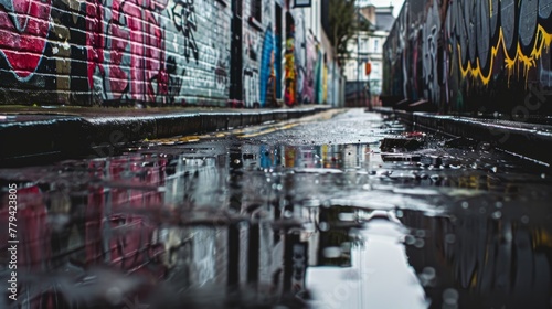 Urban Alley with Graffiti Art Reflections after Rain 