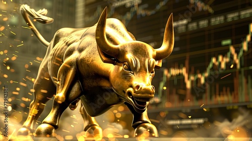 Powerful Bronze Bull Statue in Financial District Symbolizing Market Growth and Prosperity