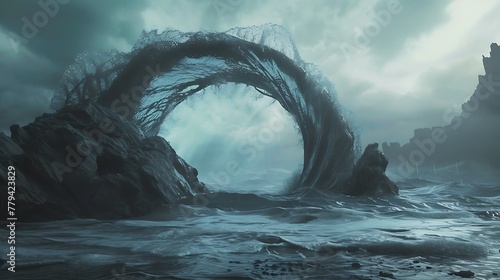 A wave curling around an unseen obstacle, creating a natural arch of water