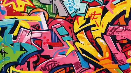 Vibrant Urban Graffiti Art Close-up Close-up of a colorful graffiti wall, showcasing a blend of vibrant abstract shapes and street art elements. 