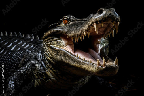 Ferocious Crocodile Opening Its Jaws Against a Dark Background