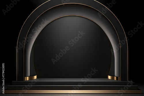 Elegant Circular Black Stage with Golden Accents Under Spotlight