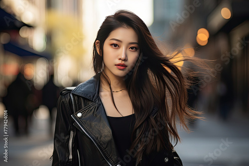 Young Asian Woman with Wind in Hair on City Street at Twilight © KirKam