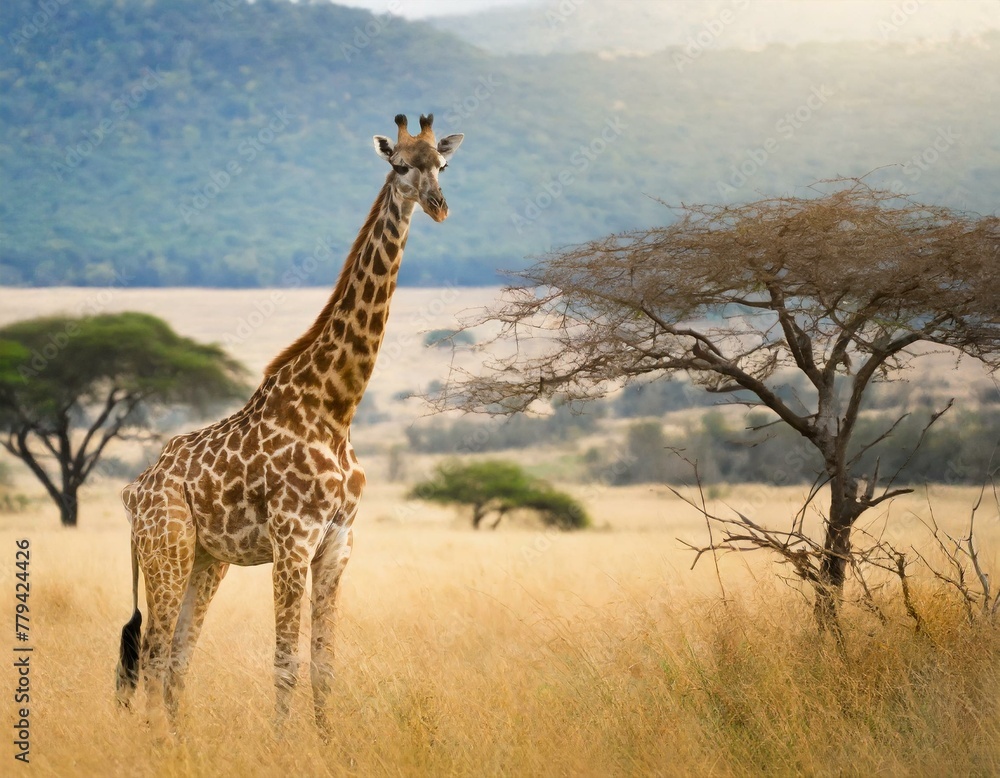 African Wildlife Wonder: Giraffe Amidst Golden Grasslands of the Wild Savanna