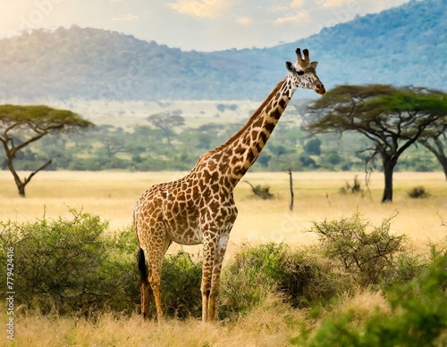 African Wildlife Wonder  Giraffe Amidst Golden Grasslands of the Wild Savanna 