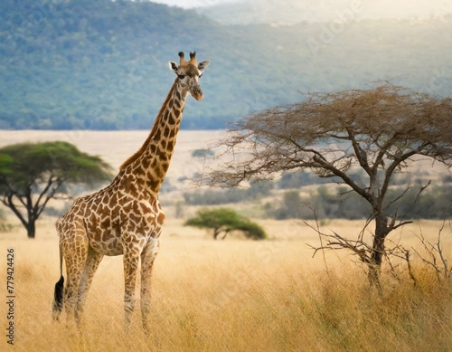 African Wildlife Wonder: Giraffe Amidst Golden Grasslands of the Wild Savanna" © Sadaqat