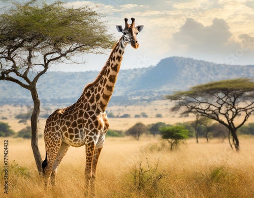 African Wildlife Wonder  Giraffe Amidst Golden Grasslands of the Wild Savanna 