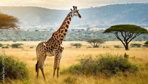 African Wildlife Wonder: Giraffe Amidst Golden Grasslands of the Wild Savanna" © Sadaqat