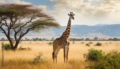 African Wildlife Wonder  Giraffe Amidst Golden Grasslands of the Wild Savanna 