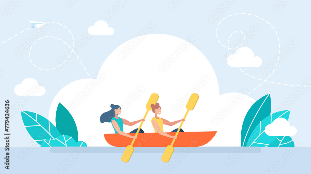 Two happy girls on boat. Female friendship. Friendly team rowing in boat together. Concept of effective collaboration and organized teamwork. Good relationship between colleagues. Flat illustration