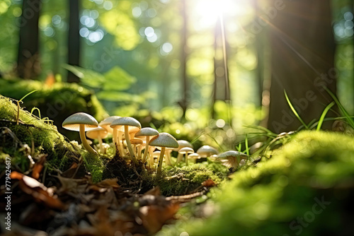 Wild Mushrooms Growing on a Mossy Forest Floor Bathed in Sunlight with Autumn Leaves