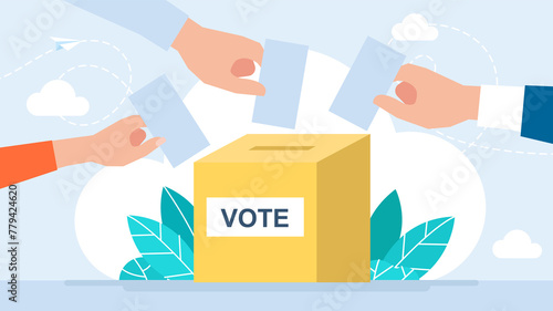 Voting concept. Hands putting paper in the ballot box. Vote ballot box. Group of people putting paper vote into the box. Election concept. Referendum and poll choice event. Flat illustration photo