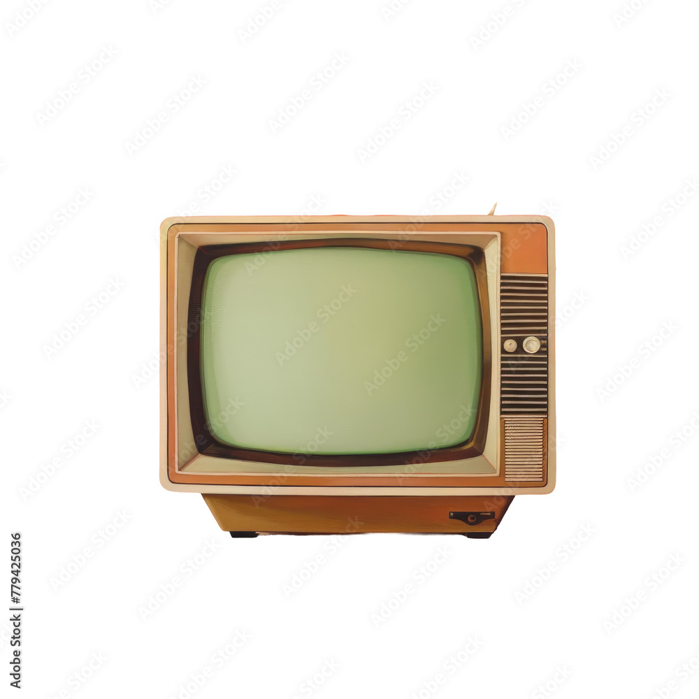 A small television with a green screen