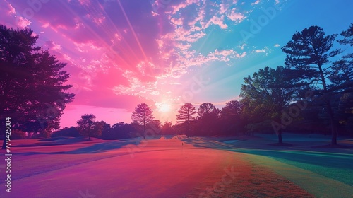 golf course pastel hologram nature forest sky lake golfing outdoor recreation landscape serene scenic green fairway golf swing leisure sport tranquility water hazard picturesque
