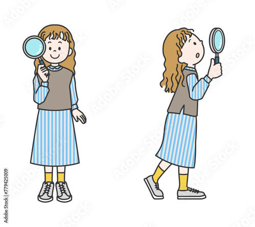 虫眼鏡を持った女の子のイラストセット