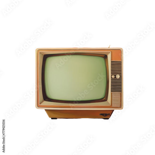 A small television with a green screen