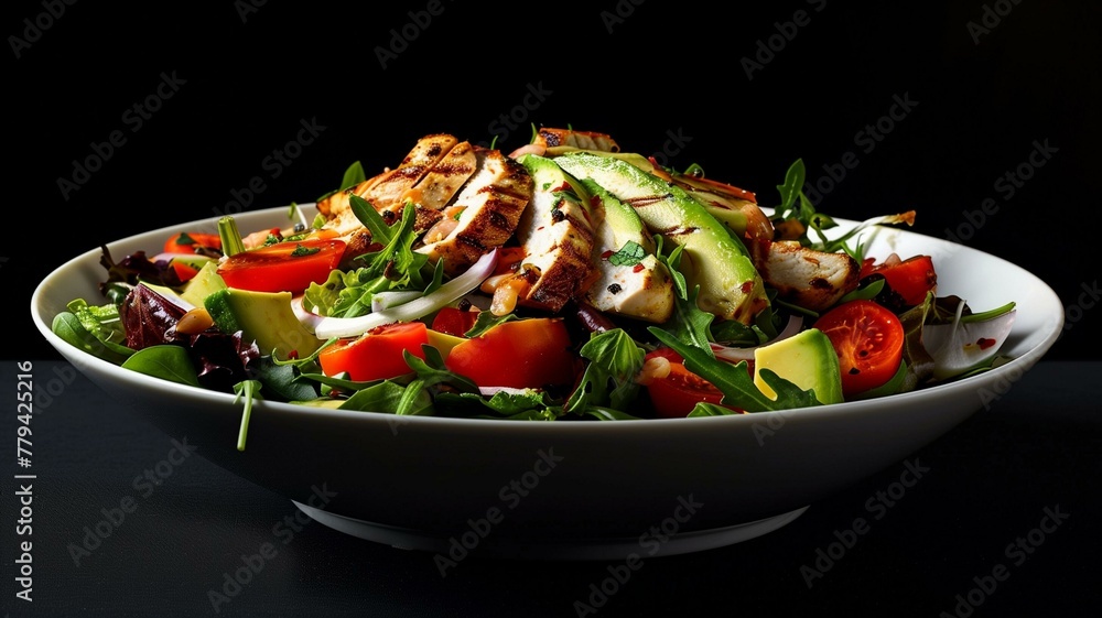 A vibrant salad bowl bursting with fresh greens, ripe tomatoes, creamy avocado, and grilled chicken, all drizzled with zesty vinaigrette and illuminated by perfect lighting that brings out the colors.