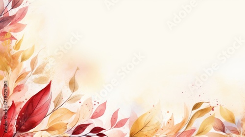 Autumn leaves border on a watercolor splash background with copy space.