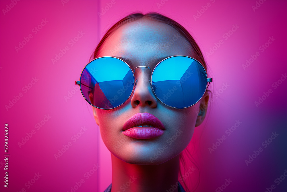 The image captures a woman with modern sunglasses in a pink neon-lit environment, with dramatic blue lighting highlighting her unique hairstyle and pose. The image captures a woman with modern sunglasses in a pink neon-lit environment, with dramatic blue lighting highlighting her unique hairstyle and pose.