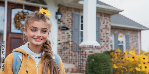 A young girl with a yellow jacket and a yellow flower in her hair is smiling in front of a brick house