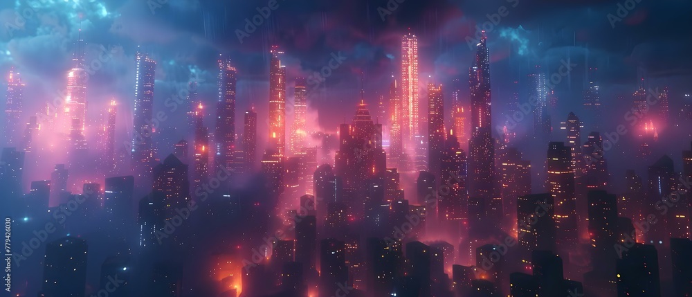 Futuristic cyberpunk city with towering buildings neon lights and advanced technology. Concept Cyberpunk Architecture, Neon Lights, Advanced Technology, Futuristic Cityscape, Towering Skyscrapers - obrazy, fototapety, plakaty 