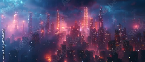 Futuristic cyberpunk city with towering buildings neon lights and advanced technology. Concept Cyberpunk Architecture  Neon Lights  Advanced Technology  Futuristic Cityscape  Towering Skyscrapers