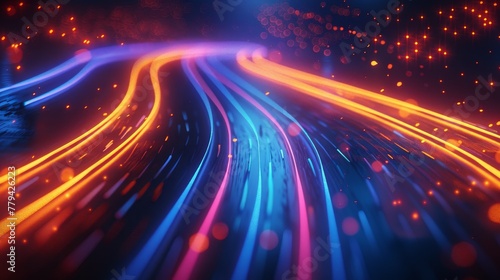 3D render abstract background with neon light lines speed, in the style of neon blue and neon orange