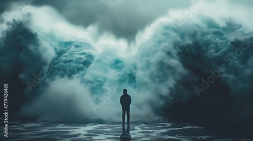 The silhouette of a person standing in front of a massive wave, showcasing the scale of nature's power photo