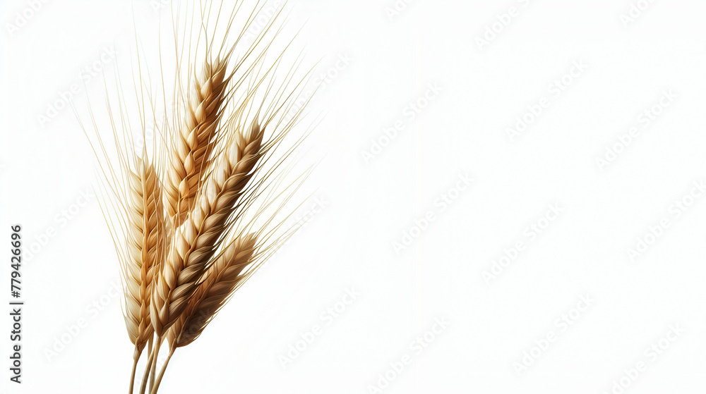 Yellow dried wheat spikelets and copy space with white isolated background, generative ai Yellow dried wheat spikelets and copy space with white isolated background, generative ai