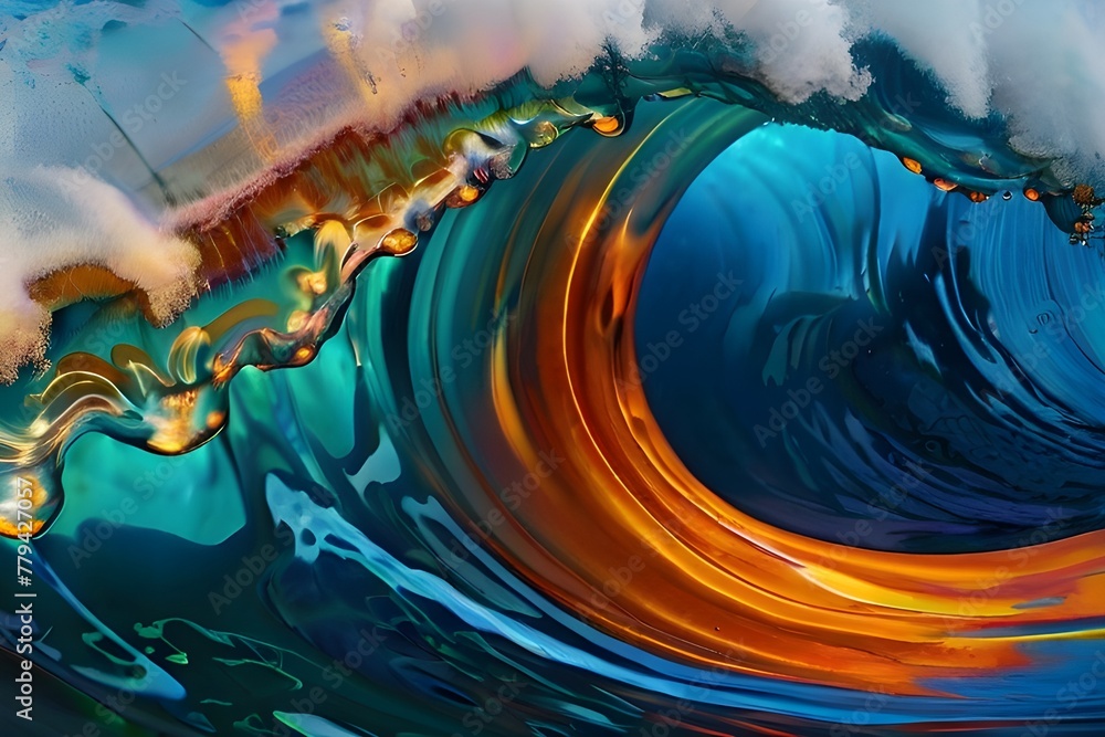 Abstract Fire and IceOn the north shore of Oahu, Hawaii, a perfect large breaking ocean barrel wave was captured. Generative AI Generative AI - obrazy, fototapety, plakaty 