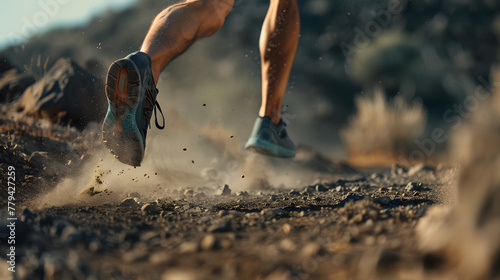 Trail runner sport shoes swiftly Running on dusty Trail, runners in action, these photos highlight intensity and focus required to conquer dusty tra runner sport shoes swiftly Running on a dusty Trail photo