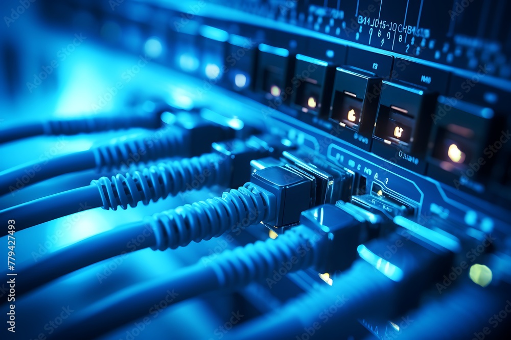 Server room with fiber optic cables Server room with fiber optic cables