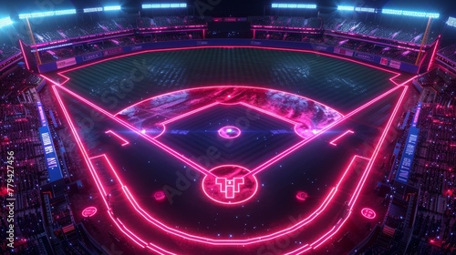 3D render of glowing neon baseball field on black background, in the style of energetic