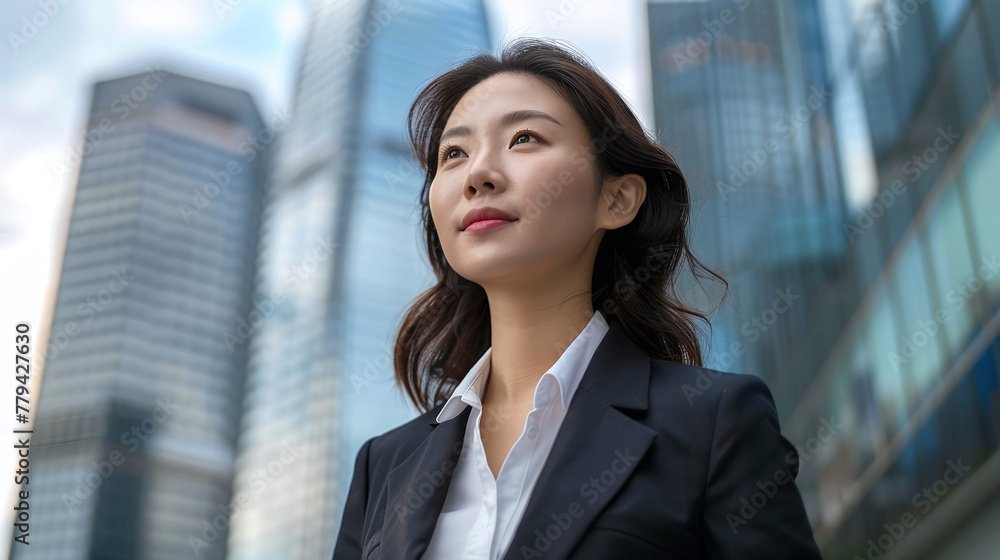 A young successful businesswoman of Asian appearance in a business suit and white shirt stands against the background of business centers or offices A young successful businesswoman of Asian appearance in a business suit and white shirt stands against the background of business centers or offices