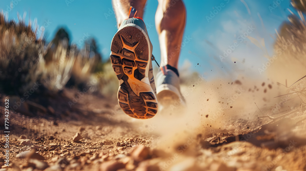 Trail runner sport shoes swiftly Running on dusty Trail, runners in