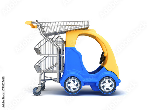Baby blue car with a shopping basket in the right side back view 3d render on white