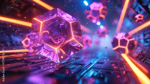 3D render of glowing neon dodecahedrons floating in a digital space