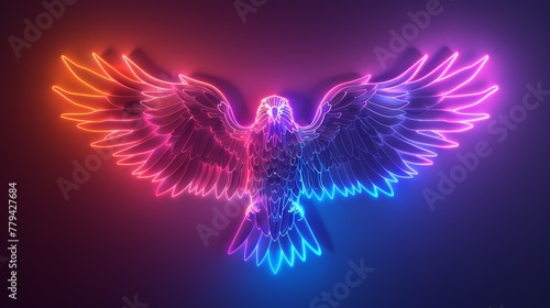 3D render of glowing neon eagle symbol on a randomly colored background © MAY