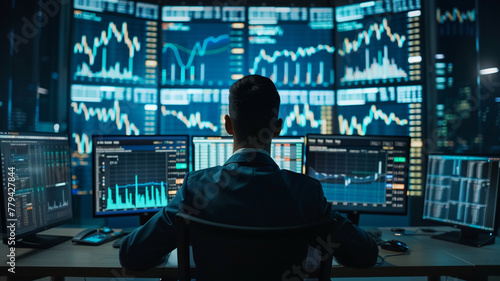 A financial trader in front of multiple computer screens displaying stock market data and graphs