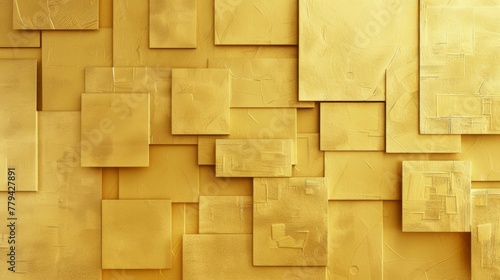 A golden yellow wall with squares of different sizes and textures, The background is a white wall with geometric patterns, showcasing the beauty of the patterned texture.