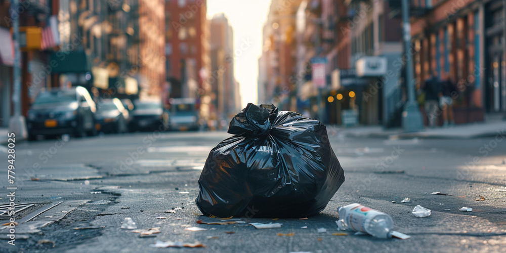Obraz premium Global environmental pollution. Two plastic rubbish garbage trash bags on the city street in the middle of road. Cleaning of the living town zone. Environmental conservation ecology concept