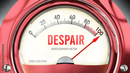 Despair and Hopelessness Meter that is hitting a full scale, showing a very high level of despair, overload of it, too much of it. Maximum value, off the charts.  ,3d illustration
