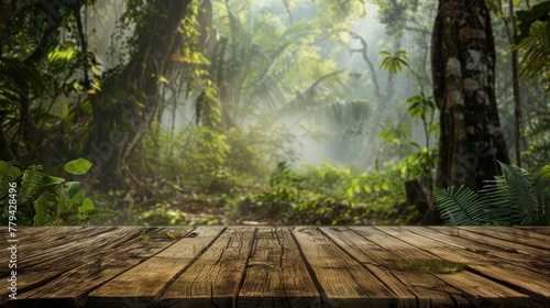 A rustic wooden platform background nestled in a lush forest
