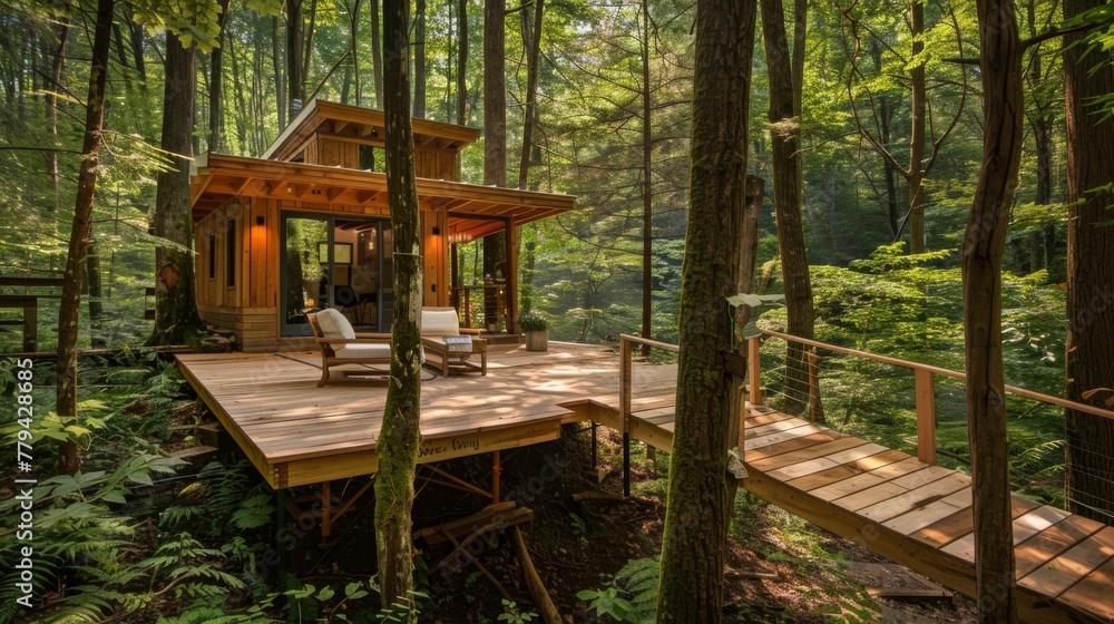 A rustic wooden platform background nestled in a lush forest A rustic wooden platform background nestled in a lush forest