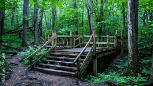 A rustic wooden platform background nestled in a lush forest