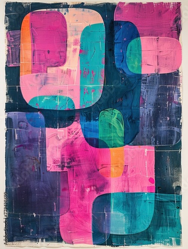 Background with pink, turquoise blue and green shapes Acrylic mono print painting photo